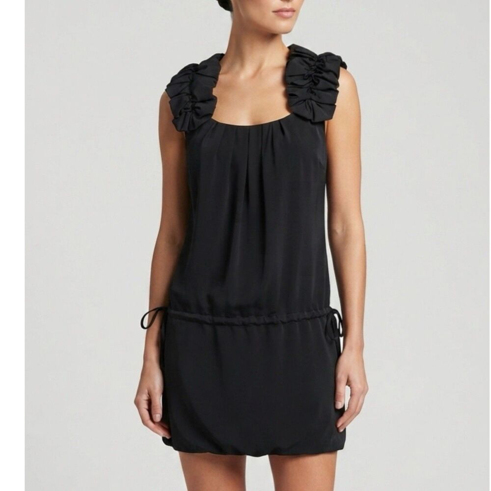 Vtg Thread Social Cocktail Mini Dress Silk 0 XS Black Ruffle Romantic Party Chic